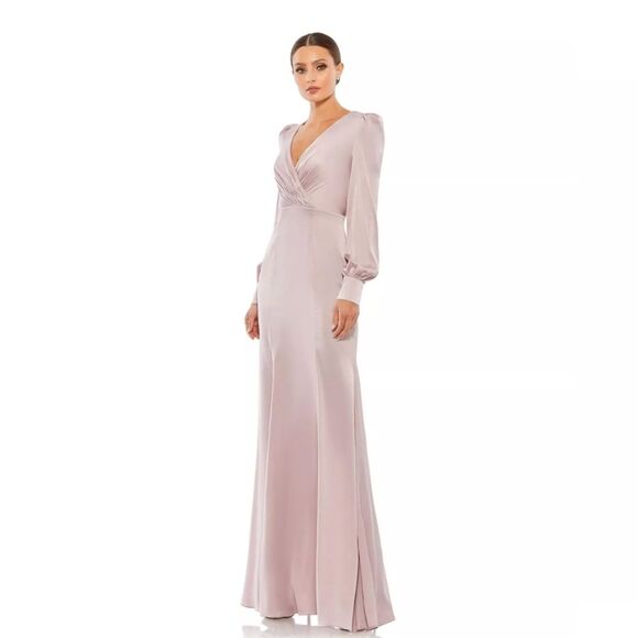 Mac Duggal Womens Satin V-Neck Ruched Bishop Sleeve Gown Soft Rose Pink SZ 0 - Picture 1 of 13
